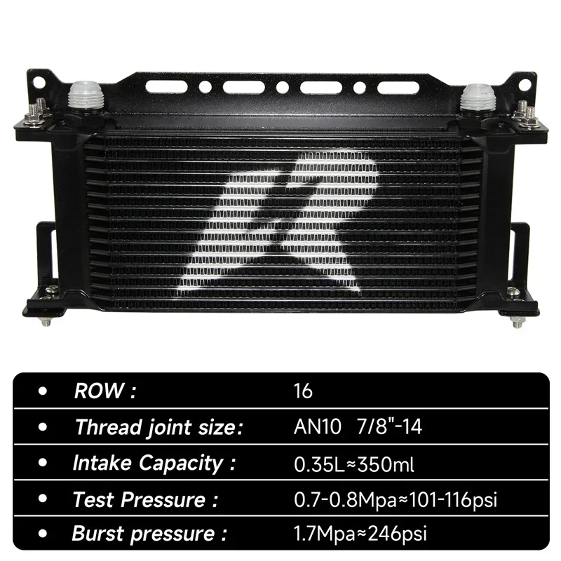 16 Row 248MM LR Oil Cooler+Mounting Bracket Universal Engine Transmission Mocla Style -10AN Aluminum Black/Silver