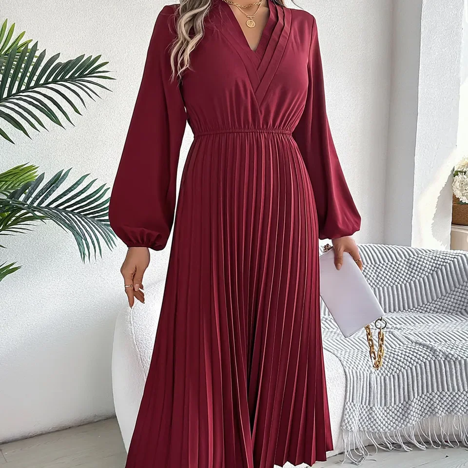 

Women Elegant V Neck Long Sleeve Pleated Maxi Dress Boho Swing Sundress Solid Color A-Line Vacation Party Dresses Vestidos