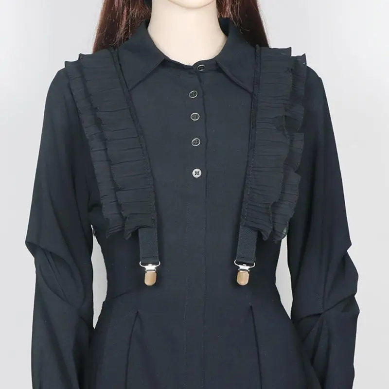 R1WE حمالات سلسلة مطاطية مشبك معدني حزام مكشكش أسود للنساء والرجال إكسسوارات بدلة القميص