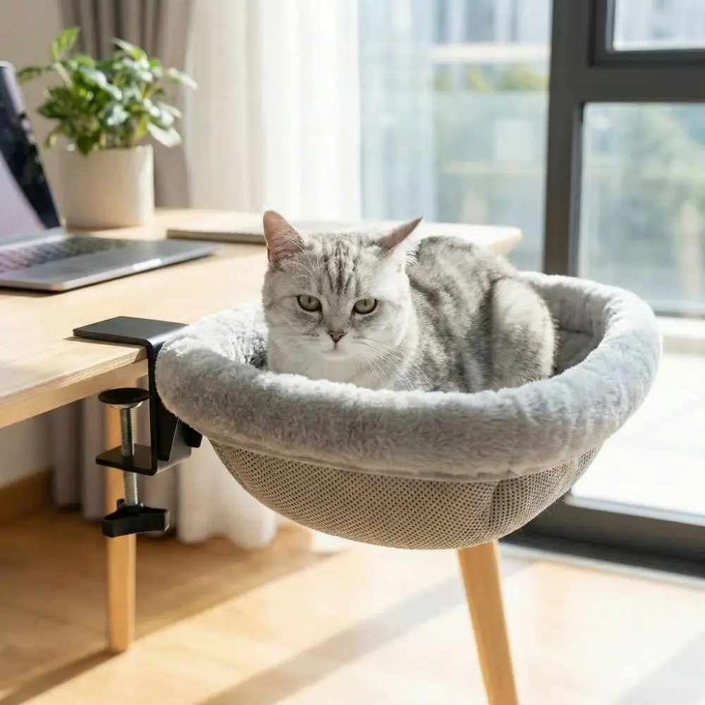 Creative Semi-Circular Cat Table Bed Detachable Soft Cat Desk Hammock Non-Slip Clamp Comfortable Folding Cat Bed Computer Desk