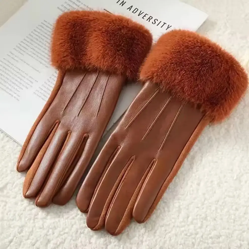 Thermal Lined Women's Leather Gloves Solid Color Thicken Female Touchscreen Gloves Thermal Insulated Windproof