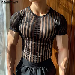 INCERUN Men T Shirt Striped Mesh Transparent O-neck Short Sleeve Men Clothing Streetwear 2024 Sexy Skinny Fashion Tee Tops S-5XL