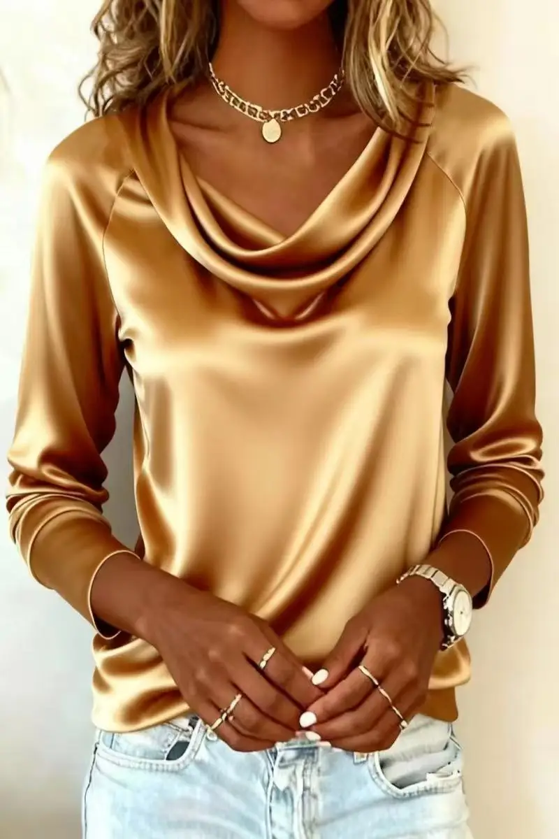Luxury Satin Solid Color V-Neck Long Sleeve Blouse – Flowy Draped Collar Top for Women – Casual & Office Wear