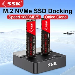 SSK NVMe SSD Cloner Dual-Bay M.2 NVME SSD Enclosure Tool-Free Type-C 20Gbps Hdd Docking Station Supports Offline Clone for PC