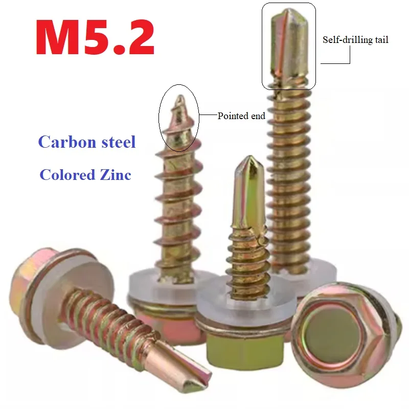 M5.2 Colored Zinc Outer Hexagonal Self Drilling Dovetail Screw Colored Zinc Outer Hexagonal Pointed Tail Self Drilling