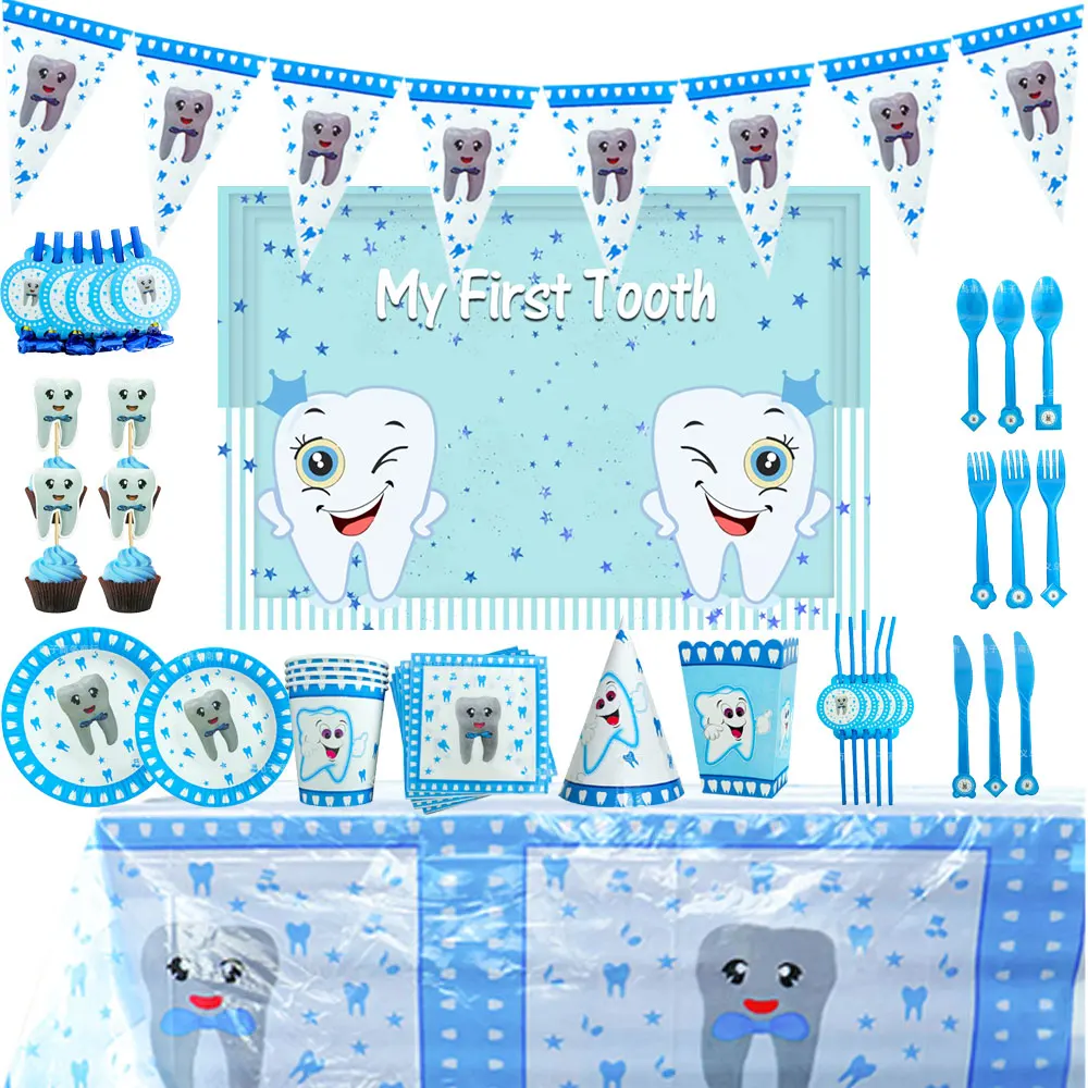 

Blue Teeth Theme Birthday Party Decorations Disposable Tableware Boy's First Tooth Baby Shower Plates Napkins Cups Banners