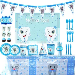 Blue Teeth Theme Birthday Party Decorations Disposable Tableware Boy's First Tooth Baby Shower Plates Napkins Cups Banners