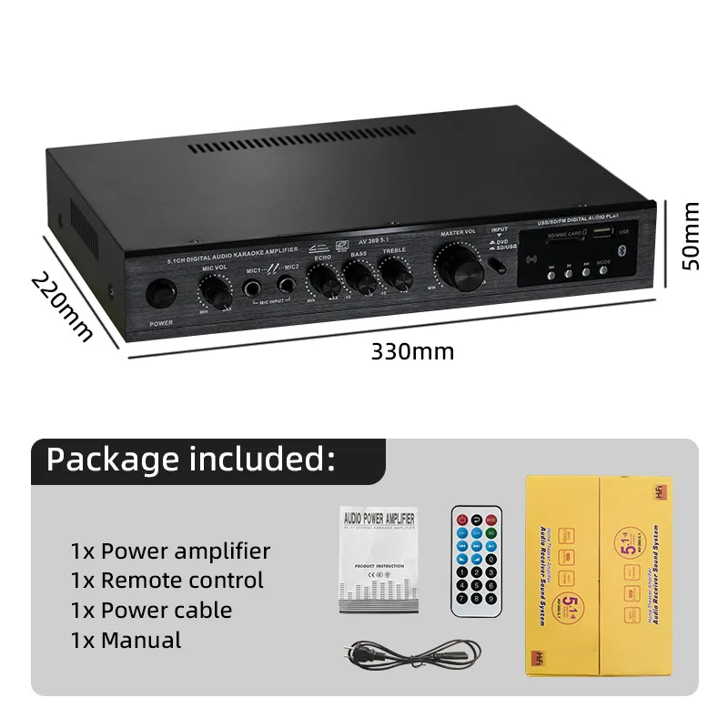 AV-369BT 5.1 Channel Bluetooth Amplifier High Power Super Bass Home Theater Stage Outdoor Audio Amp with FM Radio