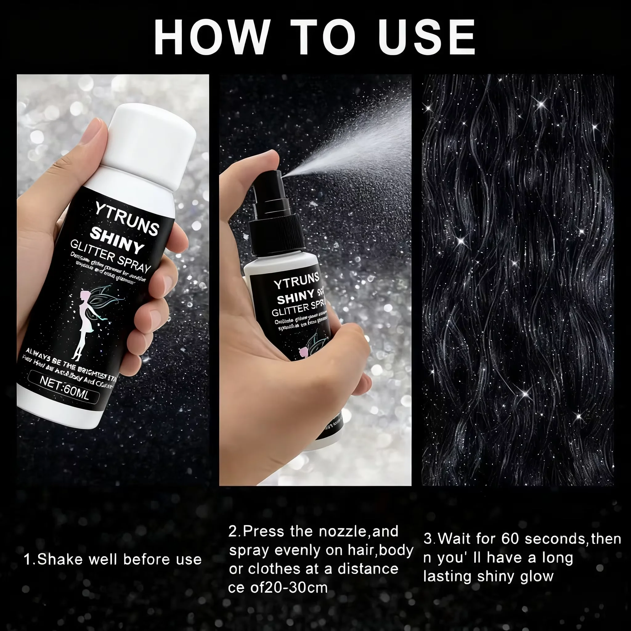 60 ml glinsterende glitterspray voor haar en lichaam, sneldrogend, hoogglans sprankelende gloed voor lippen, ogen, haar, voor muziekfestivals