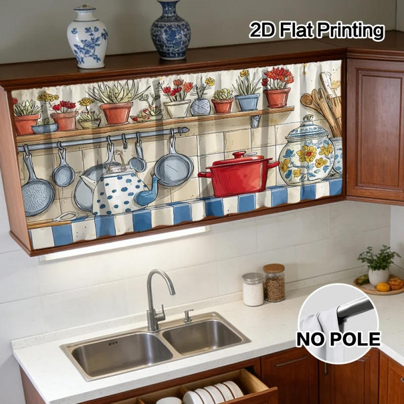 VIKAMA Farmhouse Kitchen Curtains Potted Plant Design Tier Curtains for Cabinet Sink Window Home Decoration
