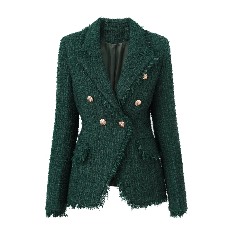 

New Winter Thick Fabric Woolen Luxury Design Tassel Patckwork Vintage Dark Green Tweed Women Slim Blazers High Quality