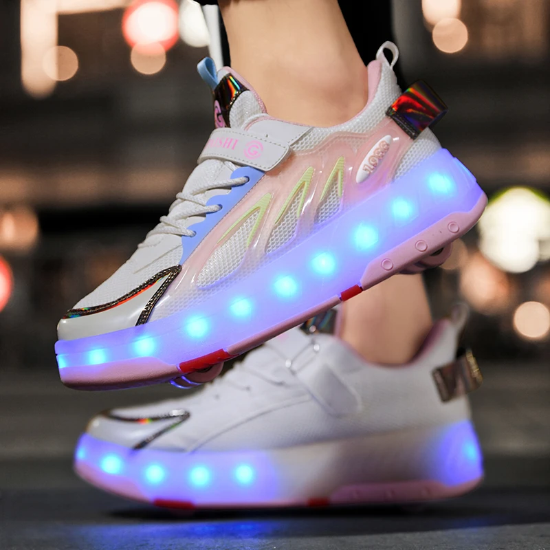 Chaussures de patin à roulettes avec lumière LED pour enfants, baskets de sport à 4 roues pour garçons et filles, cadeau de spectacle pour enfants, Noël et anniversaire