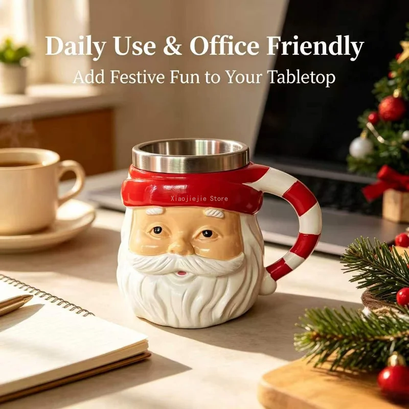 3D Santa Claus Shaped Coffee Mug, Stainless Steel Inner Cup, Novelty Christmas Drinking Cup for Home Holiday Party Decor Gift
