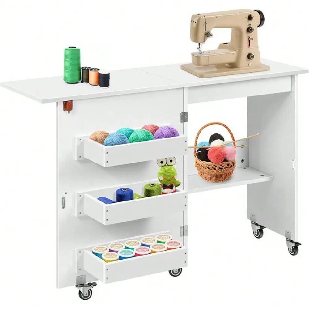 Folding Sewing Machine Table Multipurpose Cabinet with Storage Rack on Wheels, Multipurpose Sewing Machine Table