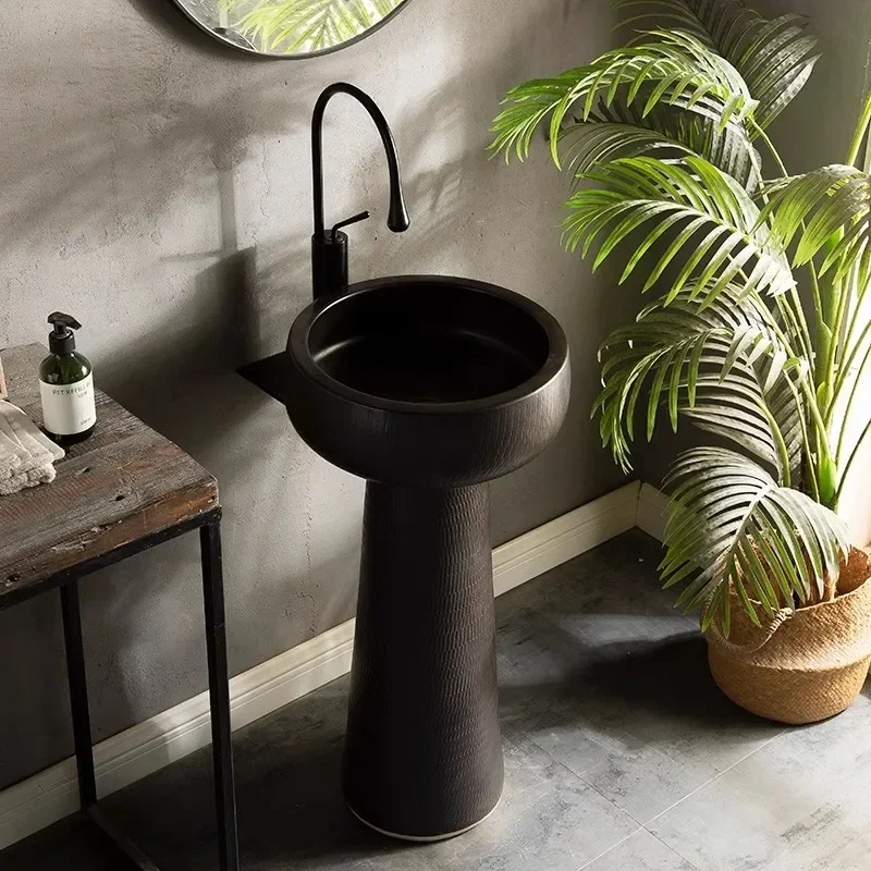 New Black Ceramic Column Wash Outdoor Garden Sink Bathroom Hotel Column Wash Basin retro new room decoration