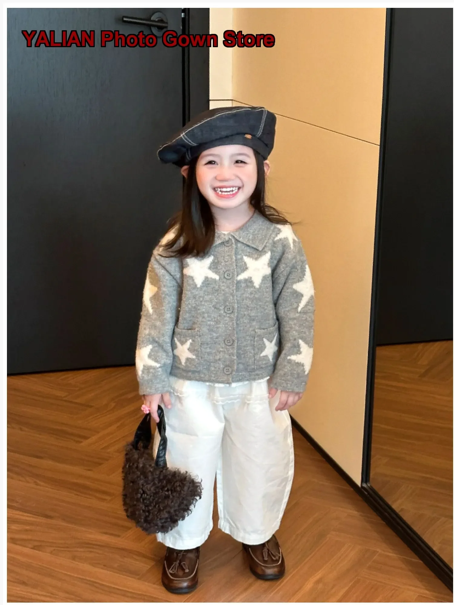 Girls Autumn Winter Knit Cardigan Stylish Lapel Collar Star Print Trendy Outwear Kids