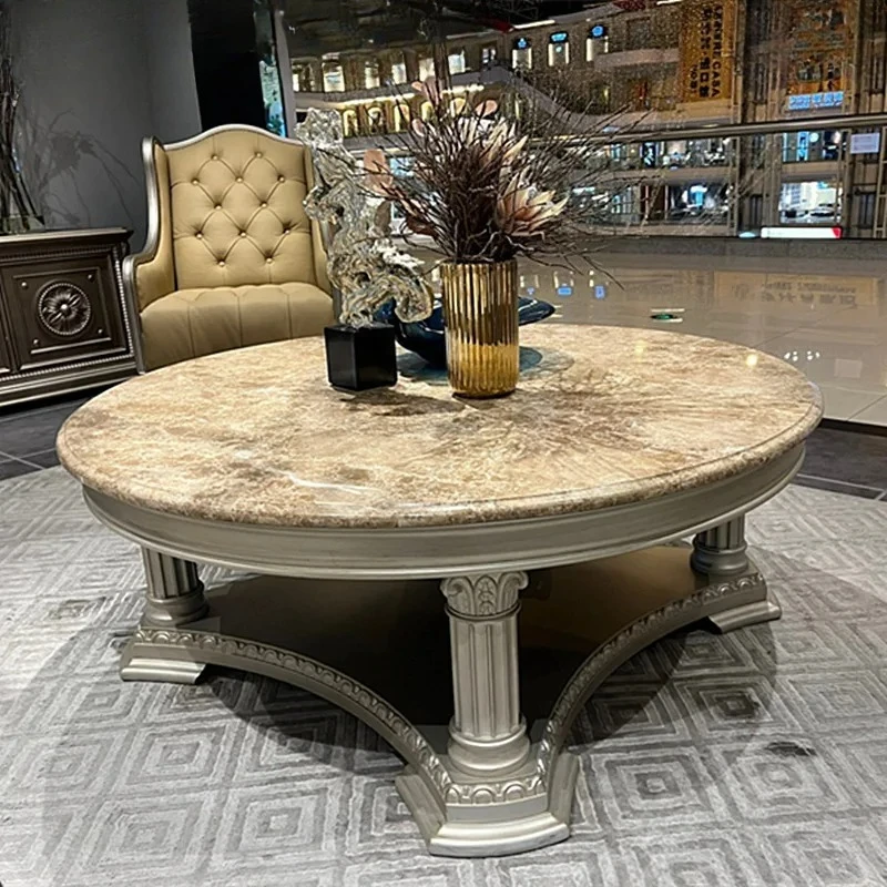 

Round coffee table full solid wood carving flower retro marble coffee table