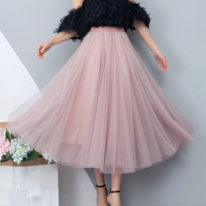 Korean Fashion Lace Mesh Four Season Versatile A-line Skirt Women Large Swing Long Skirts High Waist Dance Mid length Half Skirt