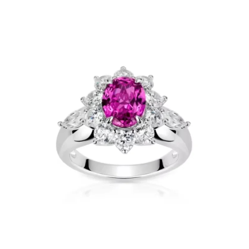 

Bellux 925 Silver Synthetic Zircon Oval Shaped Pink Pigeon Egg Full Diamond Sunflower Light Luxury Fashion Rings for Women