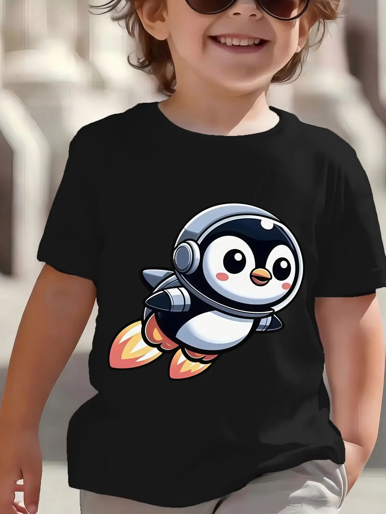 Kids Cute Astronaut Penguin Space Rocket Graphic Tee Boys Girls Family Matching Short Sleeve Galaxy Cartoon Casual Daily T Shirt