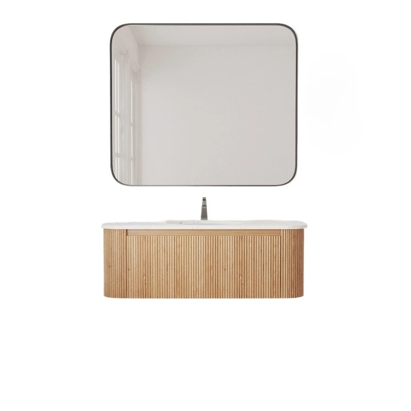 42 Inch Wall Mounted Bathroom Vanity with Cararra Artificial Marble Countertop, Ceramic Sink, Curved Design with Stripe, Pre-Assembled