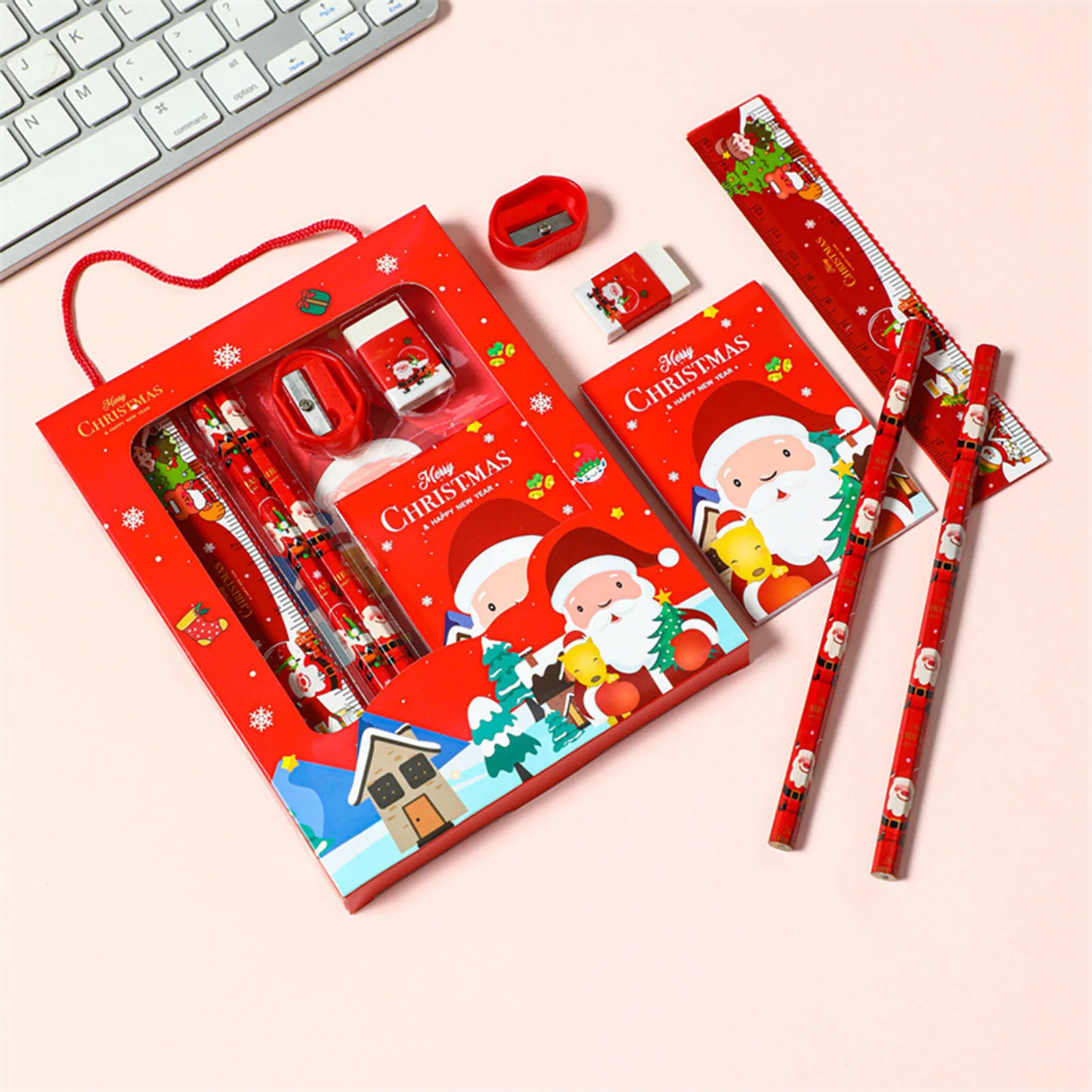 6pcs Christmas School Stationery Gifts Set Children Santa Claus Stationery Gifts Set Education Goodies Supplies for Kids