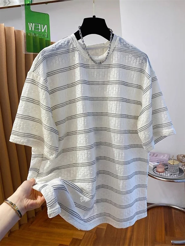 

Textured Stripe Short Sleeve T-Shirt Women's Summer Korean Style Slim Fit round Neck Half Sleeve Top Commute Style Long Sleeve