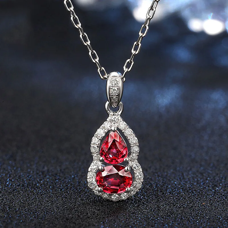 Korean-style fashionableGourd-shaped ruby pendant with waterdrop shape, 925 sterling silver necklace for ladies, hypoallergenic