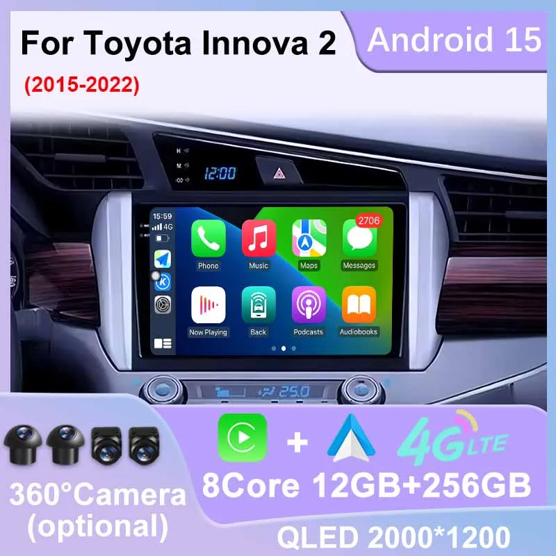 Android 15 Carplay For Toyota Innova 2 2015 - 2022 360 Camera GPS Navigation Car Radio 4G LTE Stereo Audio Auto DSP BT WIFI 2din