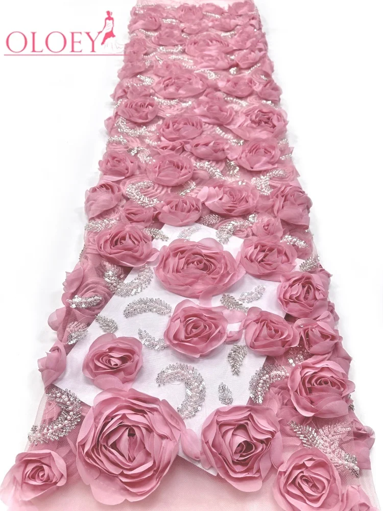 

OLOEY 5 Yards African 3D Flower Beads Lace Fabric High Quality French Nigerian Embroidery Tulle for Wedding Dress Sewing