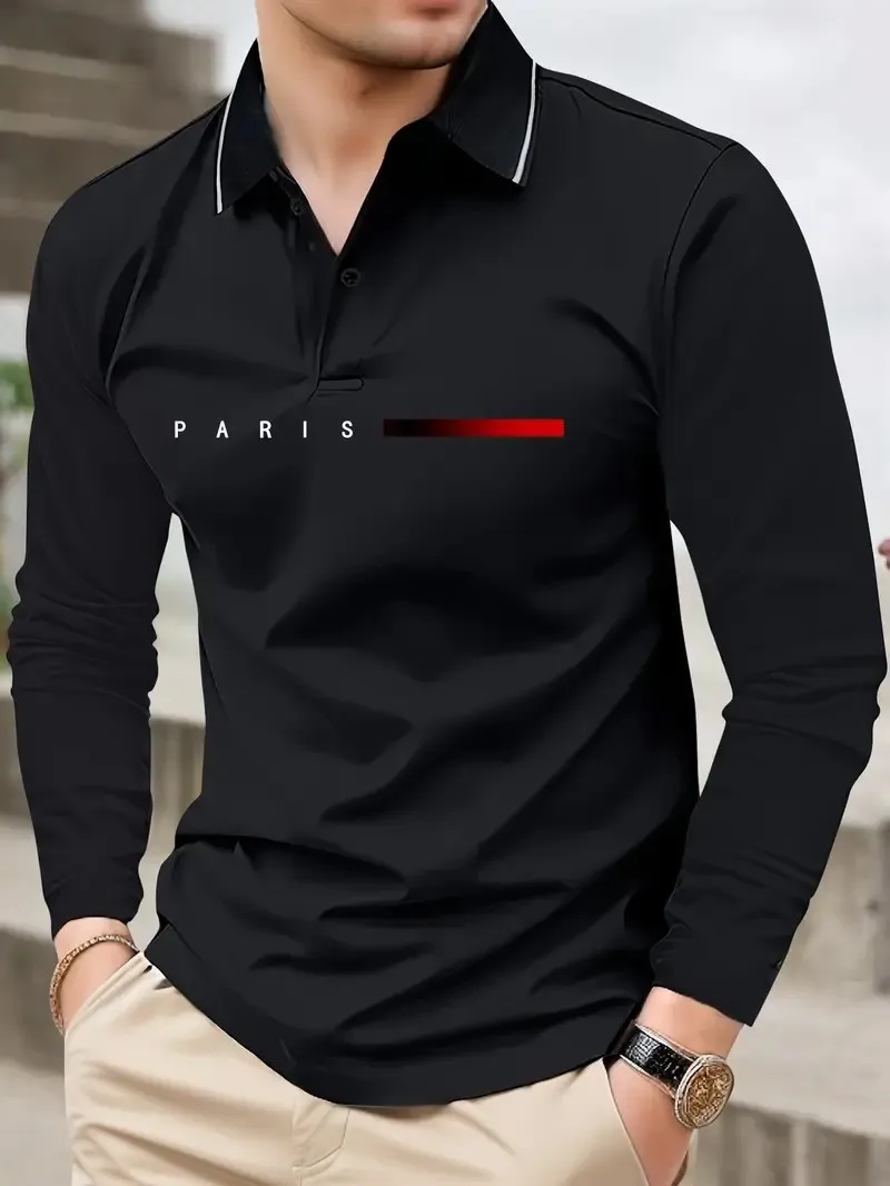 The New Men's Long-Sleeved POLO Shirt for Spring and Autumn 2025 Is Casual and Comfortable with 3D Letter Pattern Printing