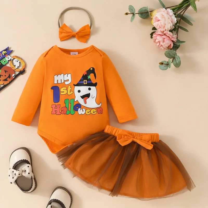 

Baby Girl Clothes Halloween Outfit Ghost Print Long Sleeve Bodysuit Tulle Skirt Set TUTU Dress Soft Cute Infant Girls Costume