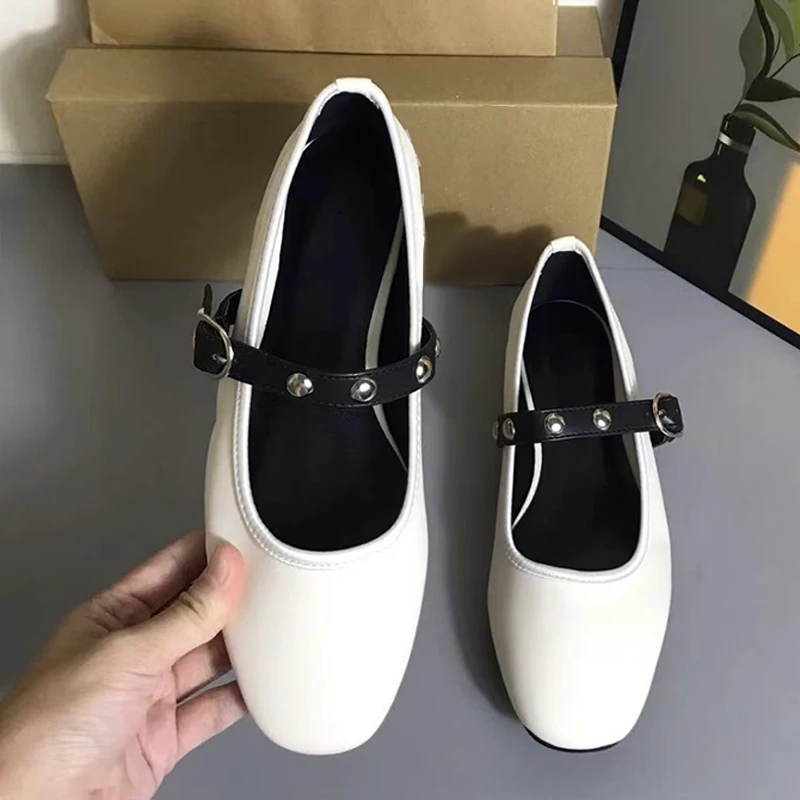 White Metal Dot Patent Leather Sandals Autumn Women Round Head Closed Toe Flat Shoes Fashion Low Square Heel Sandal For Woman