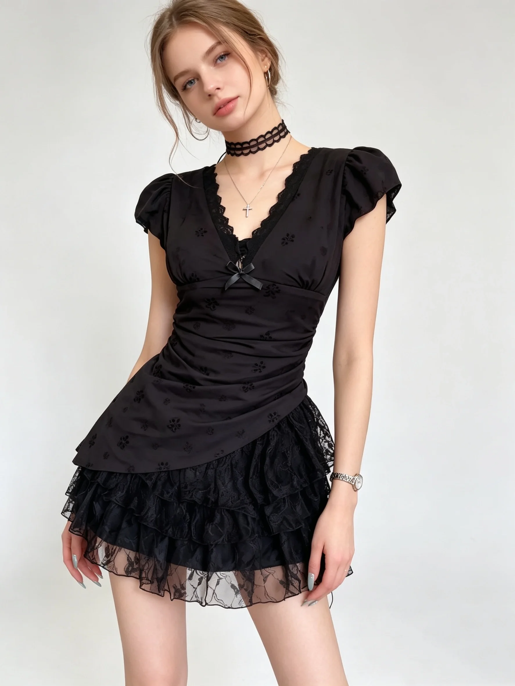 

Женское черное готическое мини-платье для вечеринки, с V-образным вырезом, кружевное, имитация двух частей, в стиле Emo Y2K, цельное, летнее, 2026