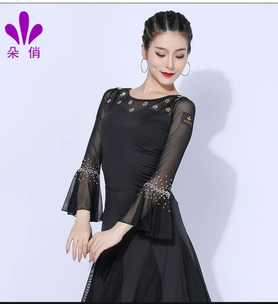 yes1pcs-lot-haut-de-danse-de-salon-a-col-rond-pour-femme-manches-courtes-chemisier-a-manches-trompette-avec-strass