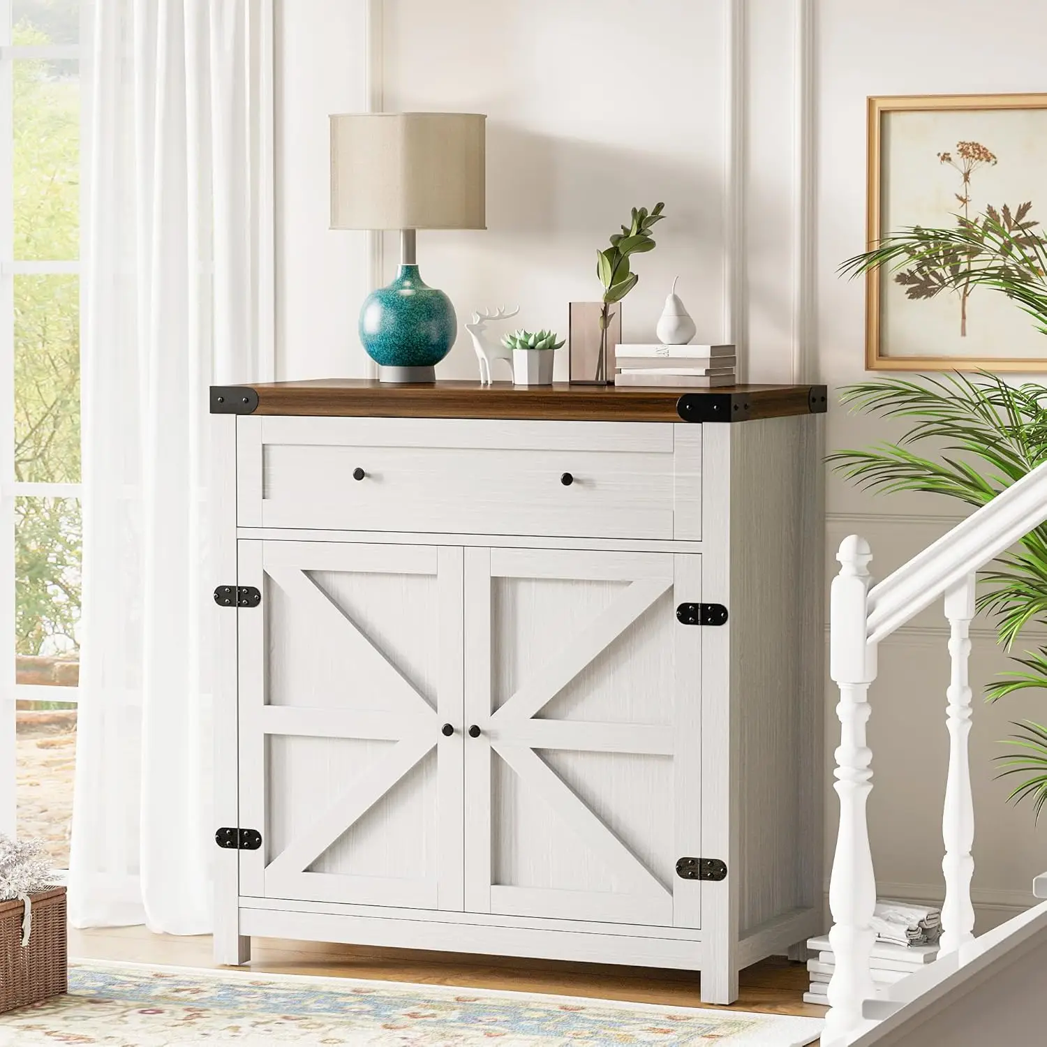 Sideboard Buffet Cabinet with Storage, Farmhouse Coffee Bar Cabinet with 1 Drawer and 2 Barn Doors, Barn Door Console Table