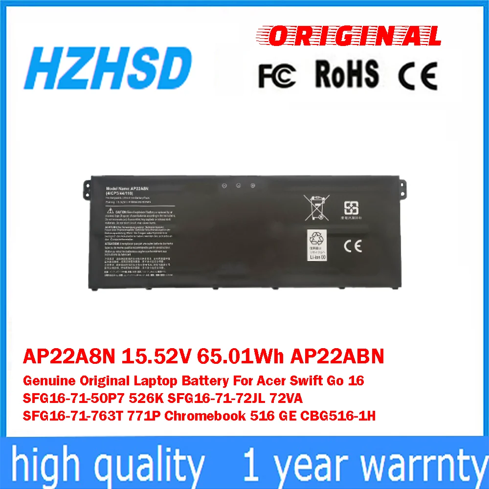 

AP22A8N 15.52V 65.01Wh AP22ABN 11.67V 65Wh Genuine Original Laptop Battery For Acer Swift Go 16 SFG16-71-50P7 526K SFG16-71-72JL