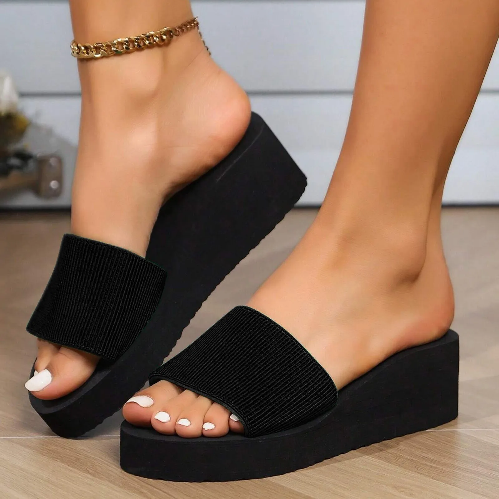 Pantuflas de punto negras para mujer, sandalias de cuña con suela gruesa, pantuflas de verano minimalistas y a la moda para mujer