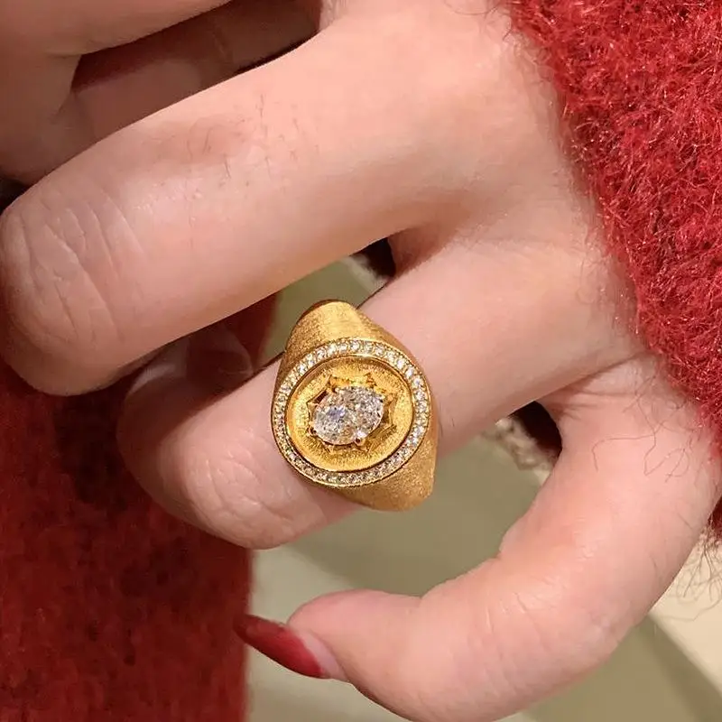 Brushed Glossy Seal Female Ring New in Vintage Full Diamond Exquisite Elliptical rings for women Banquet Jewelry Gift