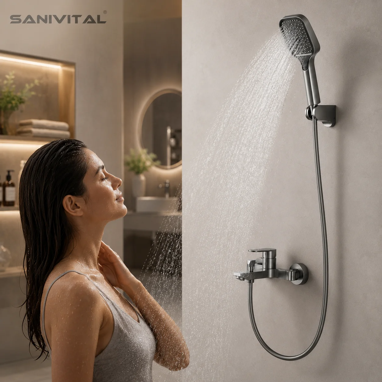 SANIVITAL Gunmetal Grey Bathroom Shower Set with Handheld Sprayer and Mixer Tap for Hot & Cold Water