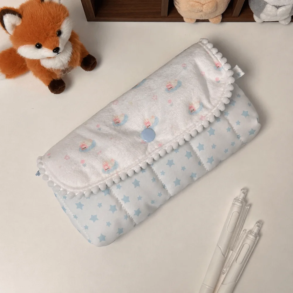 Multi-functional Blue White Quilted Pencil Case Flip-top Bunny Print Pen Bag Large Capacity Pencil Pouch Students