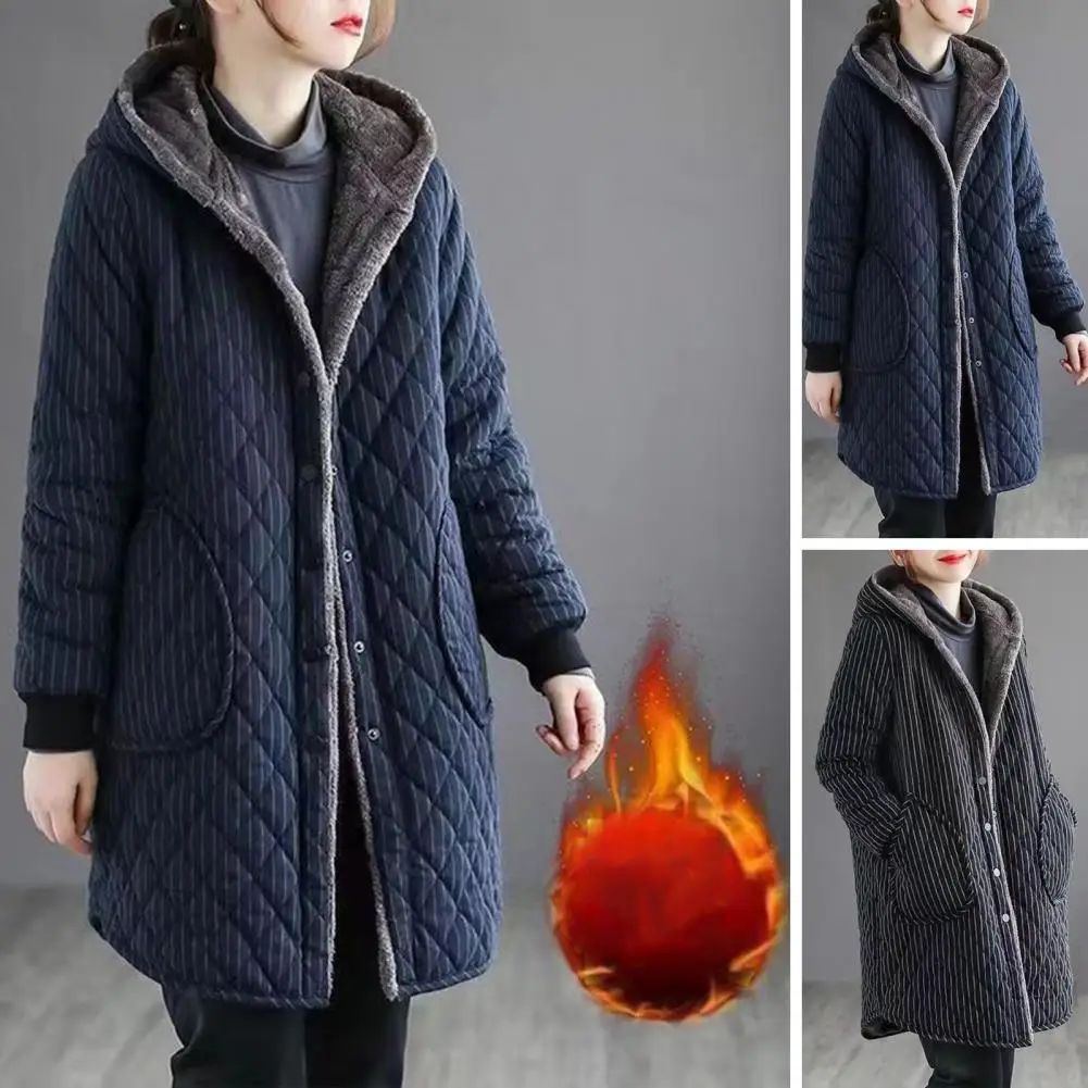

2025 Autumn Winter New Striped Cotton Jacket Women Warm Plush Thicken Hooded Coat Fashion Loose Female Casual Long Overcoat