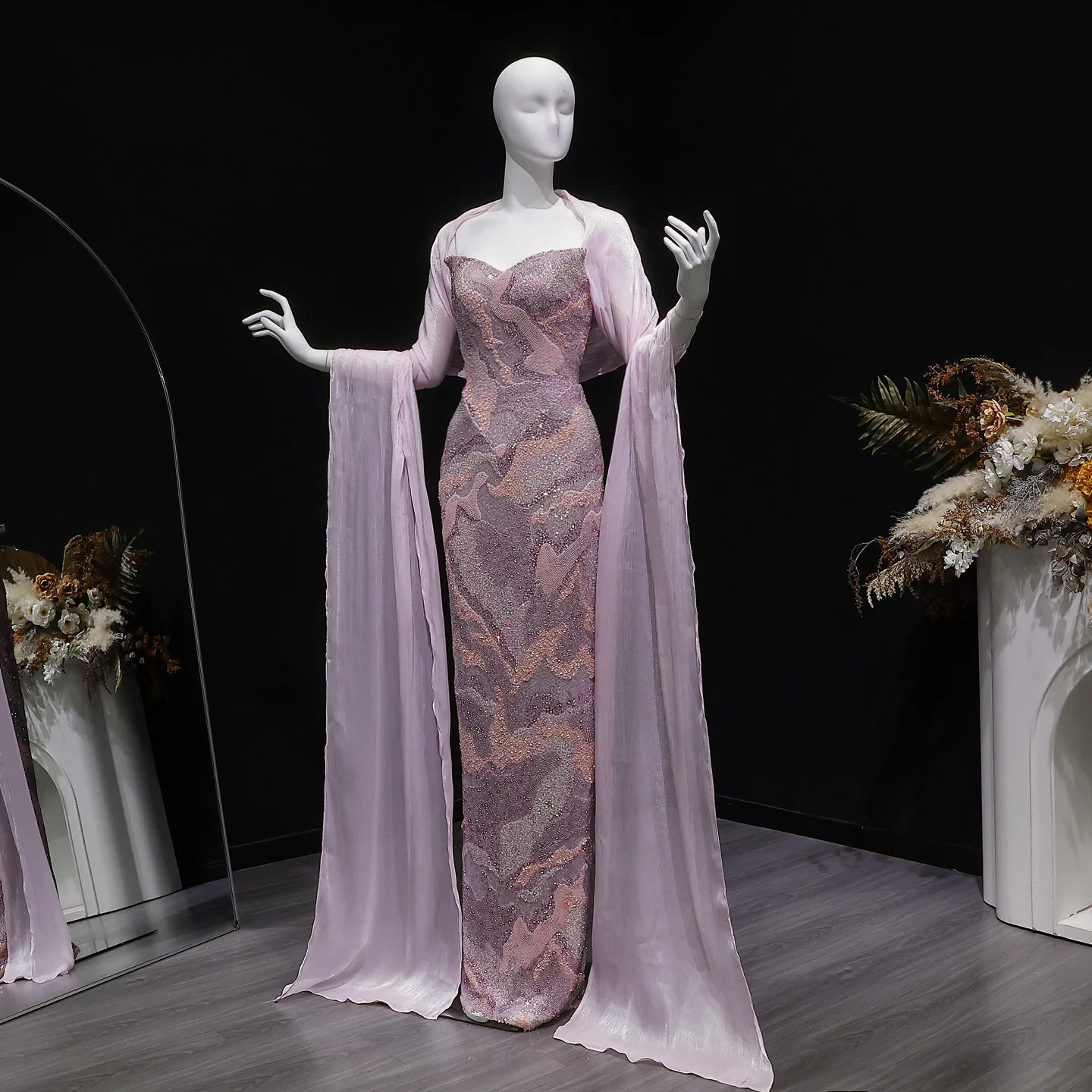Sharon Said Abendkleider Luxuriöses Etuikleid mit Herzausschnitt, Tüll, Perlen, Cape, Pailletten, Dubai, formelles Hochzeits- und Partykleid SS658, maßgeschneidert – Detail 6