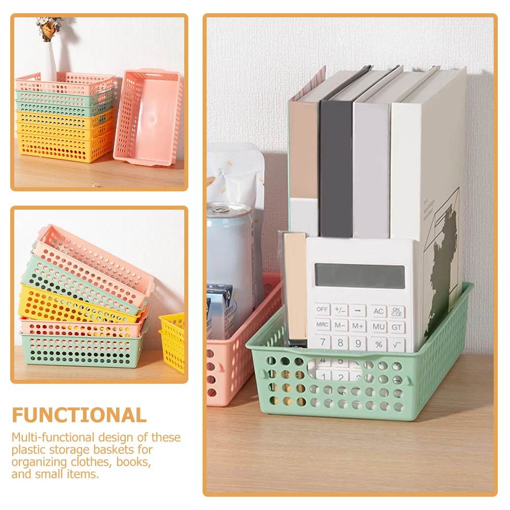 

6Pcs Storage Basket Multi Functional Plastic Organizer Bin Hollow Drainable Handles Compact Desk Pantry Bathroom Home Storage