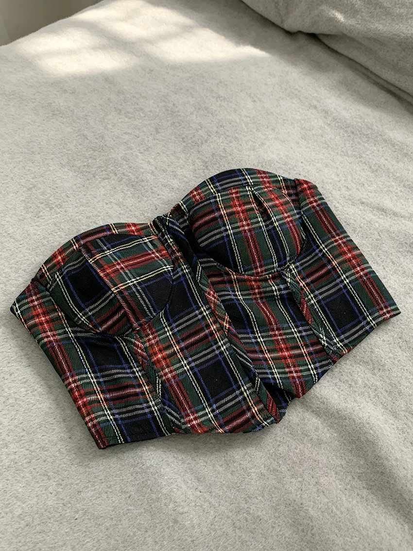 Retro Tartan Plaid Women Bustier Crop Top Strapless Back Zipper Irregular Hem Y2K Punk Sleeveless Slim Streetwear Camisole Vests