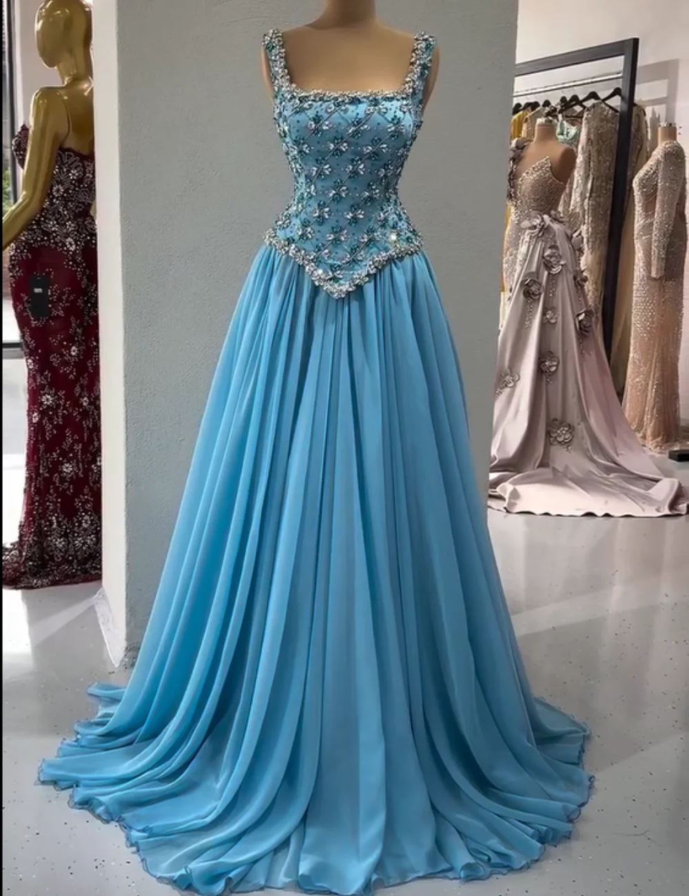 Customized Intricate Chiffon Sequined Pattern A-line Square Neck Long Bespoke Occasion Prom Dresses Sizes Available