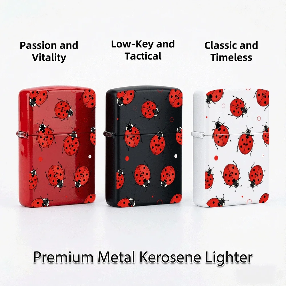 Cute Cartoon Style Flip Top Lighter, Hand Drawn Ladybug Insect Art Print, For Collection Daily Use