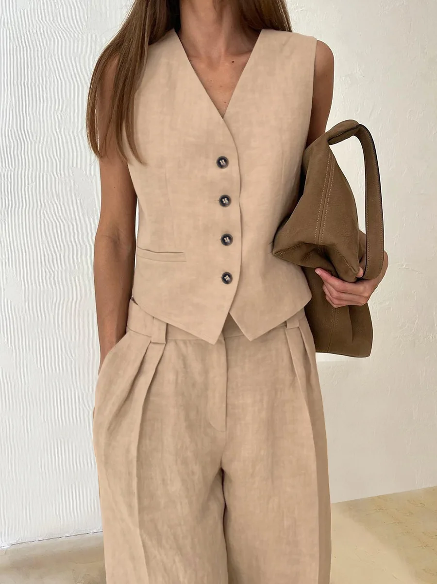 Cotton Linen Blend Vest Wide Leg Pants Suit Spring and Summer Women\'s Casual Fashion Sleeveless Vest Pleated Low Waist Pants Set