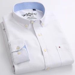 Men's Long Sleeve Blue Oxford Dress Shirt with Left Chest Pocket Cotton Male Casual Solid Button Down Shirts 5XL 6XL Big size