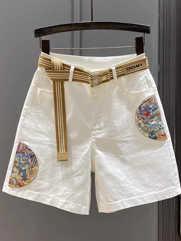 

New Chinese Sle White Casual Five-Point Pants Women's Summer Faion Loose Faionable Embroidered Straight Leg Jeans orts